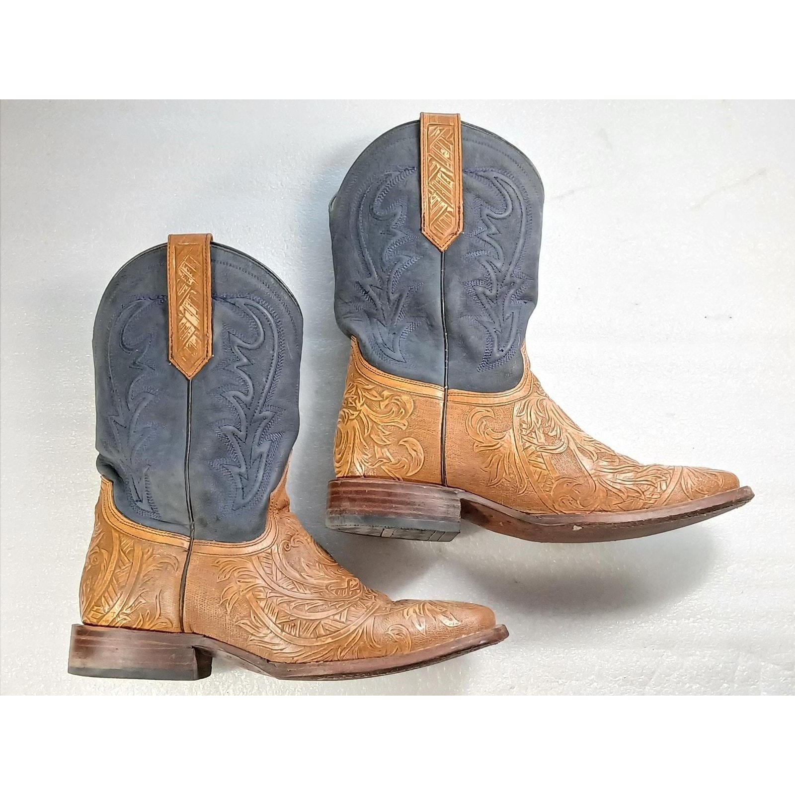 Rare Vintage Stetson Hand-Tooled Leather Cowboy Boots Blue Suede Shafts 10 D